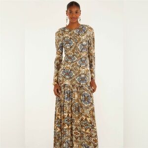FARM Rio Long Sleeve Maxi Dress in Cream, Blue & Brown Floral Tile Print